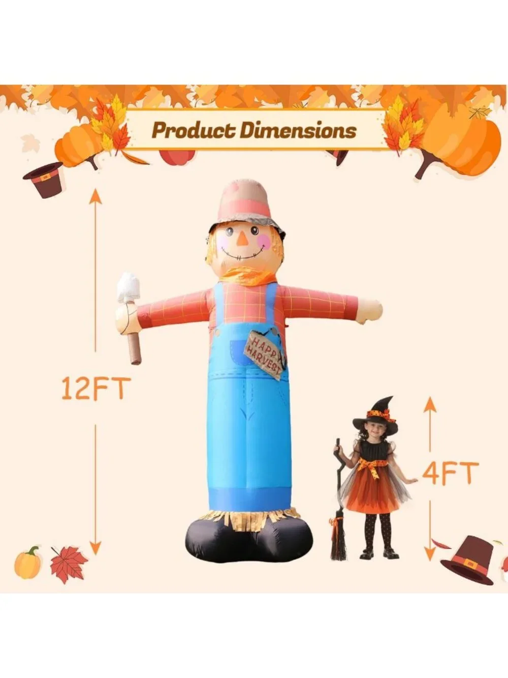 12FT Giant Scarecrow Inflatable Yard Decor for Halloween & Thanksgiving, Fall